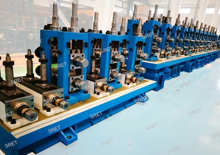 ERW tube mill line in production at a tube manufacturing facility